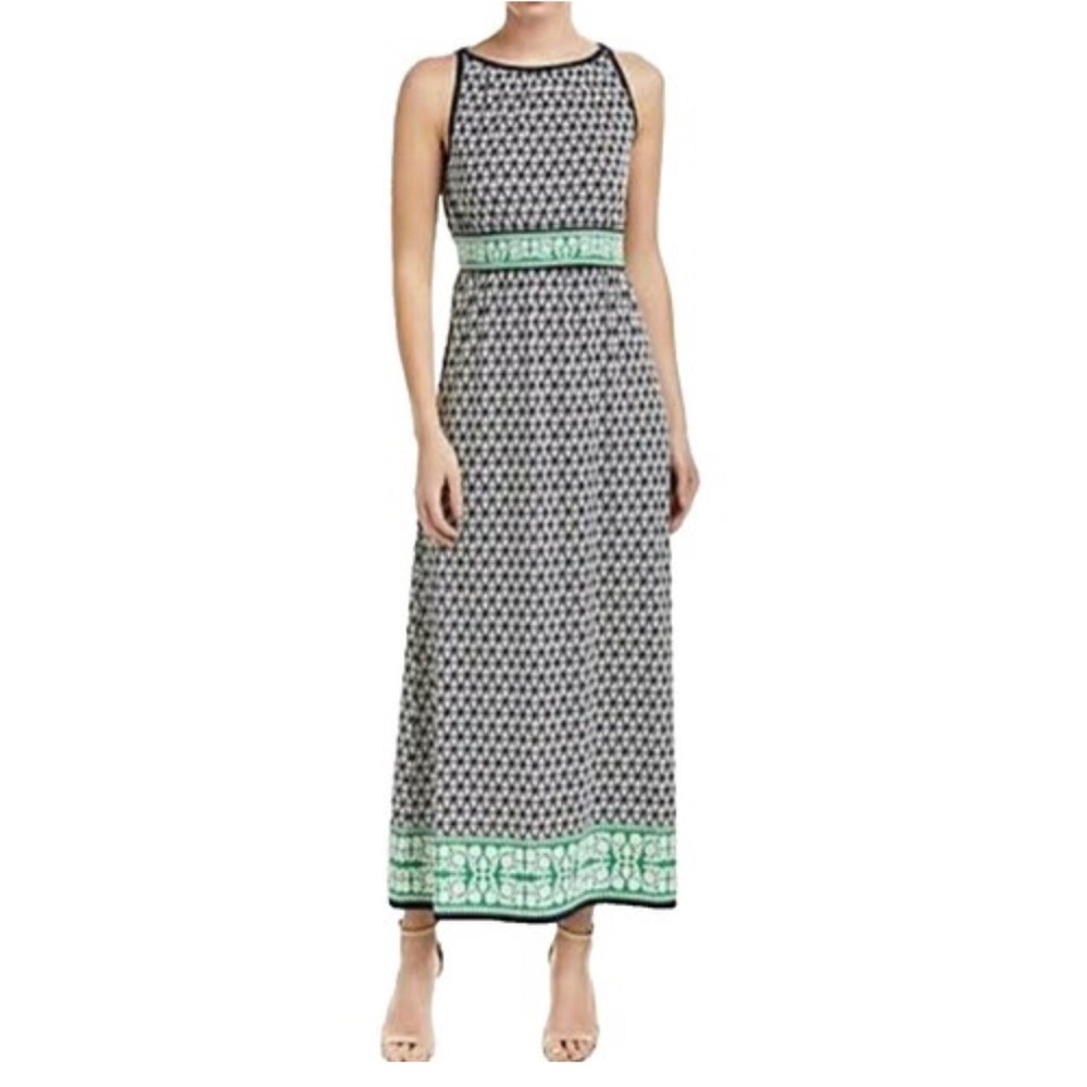 Max Studio Blue White Patterned‎ green detailing Maxi Dress Sz M